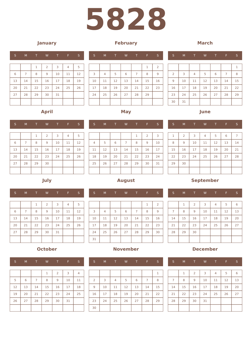 Printable 5828 Year Calendars coffe