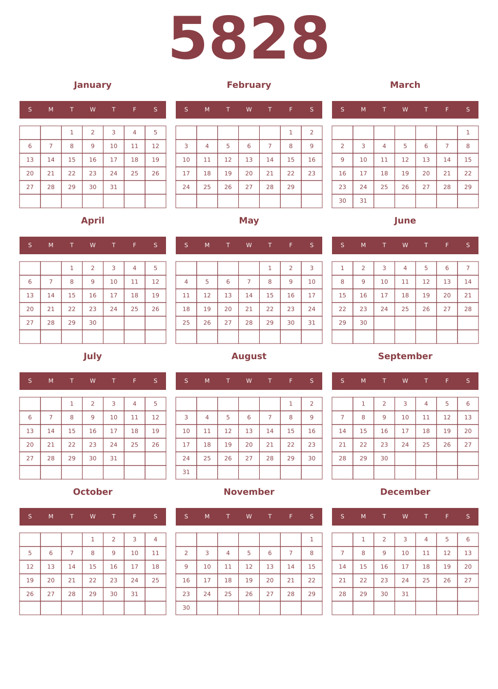 Printable 5828 Year Calendars cordovan