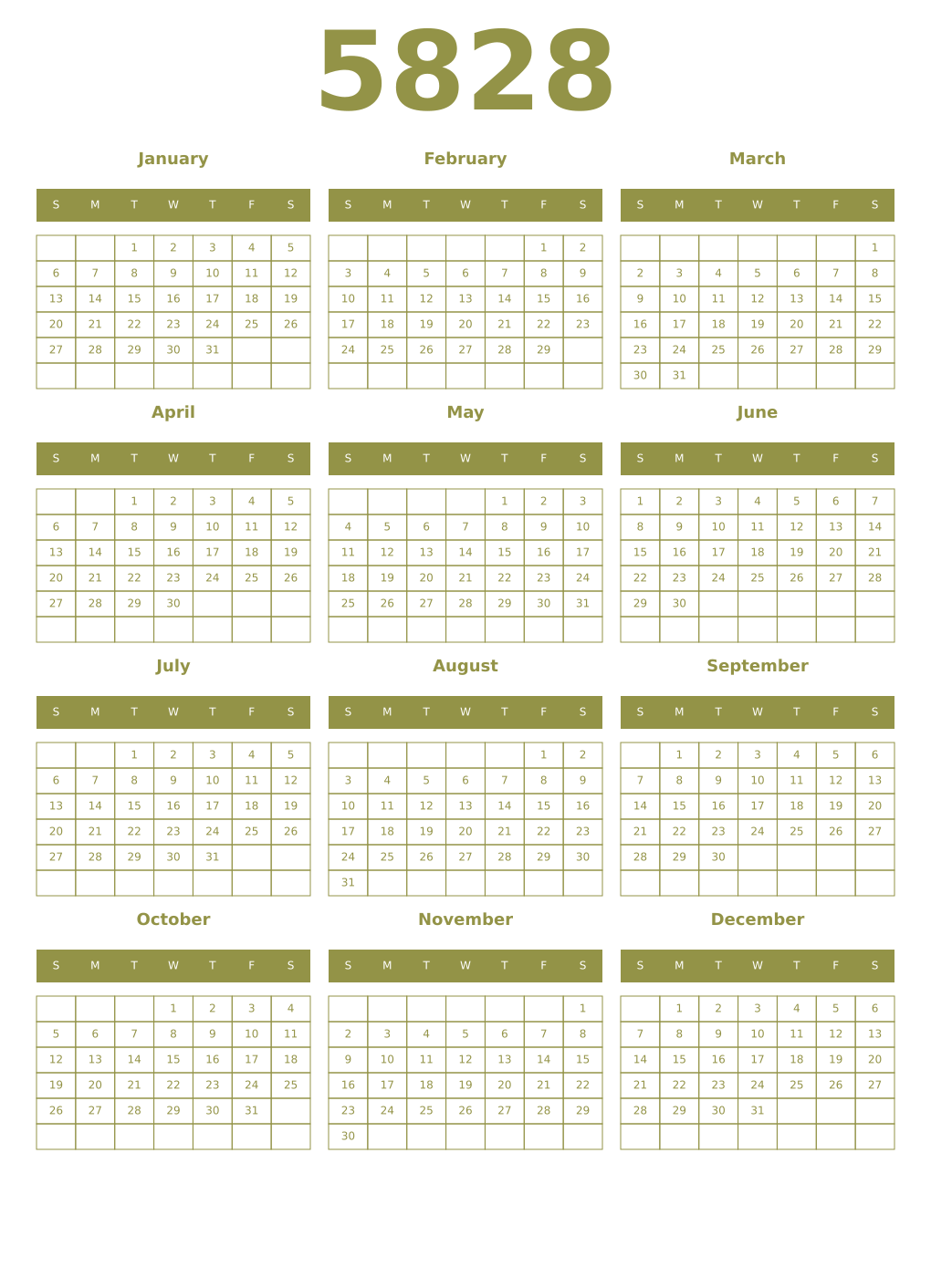 Printable 5828 Year Calendars eburnean