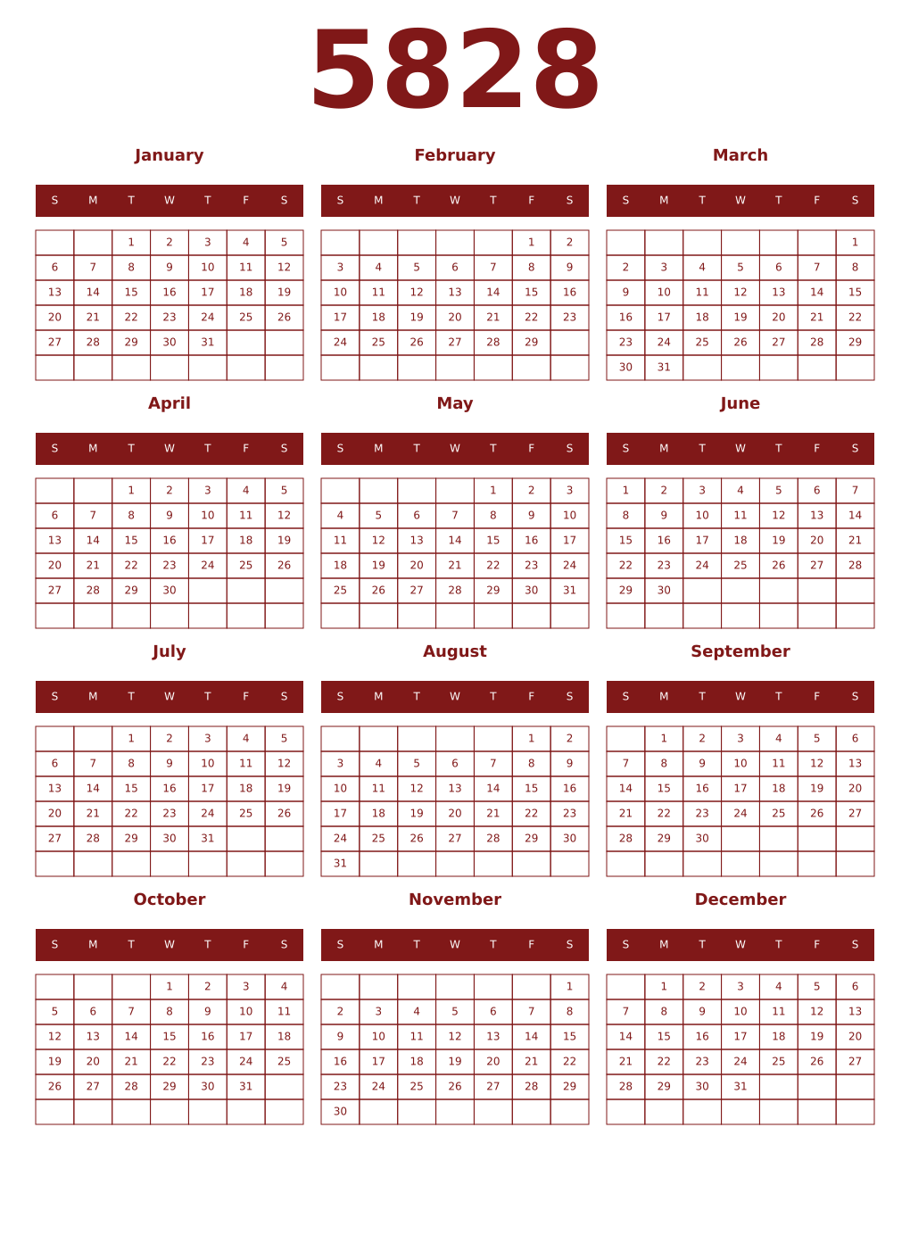 Printable 5828 Year Calendars falu