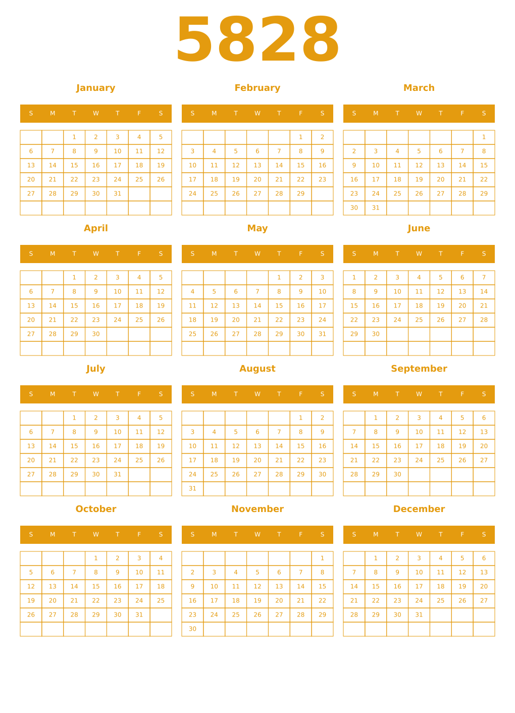 Printable 5828 Year Calendars gamboge