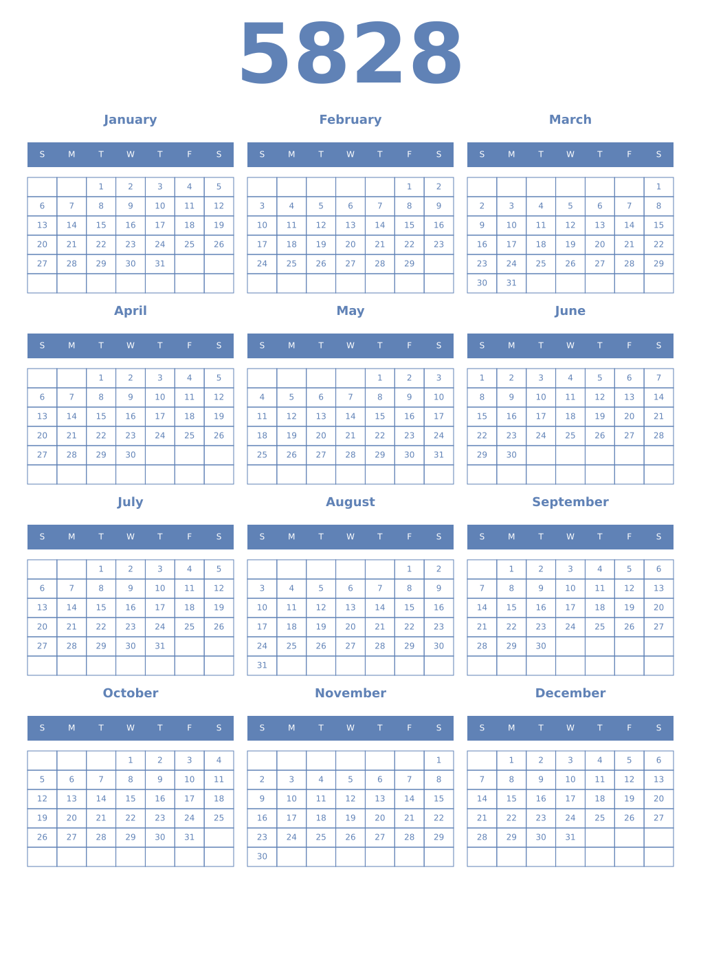 Printable 5828 Year Calendars glaucous