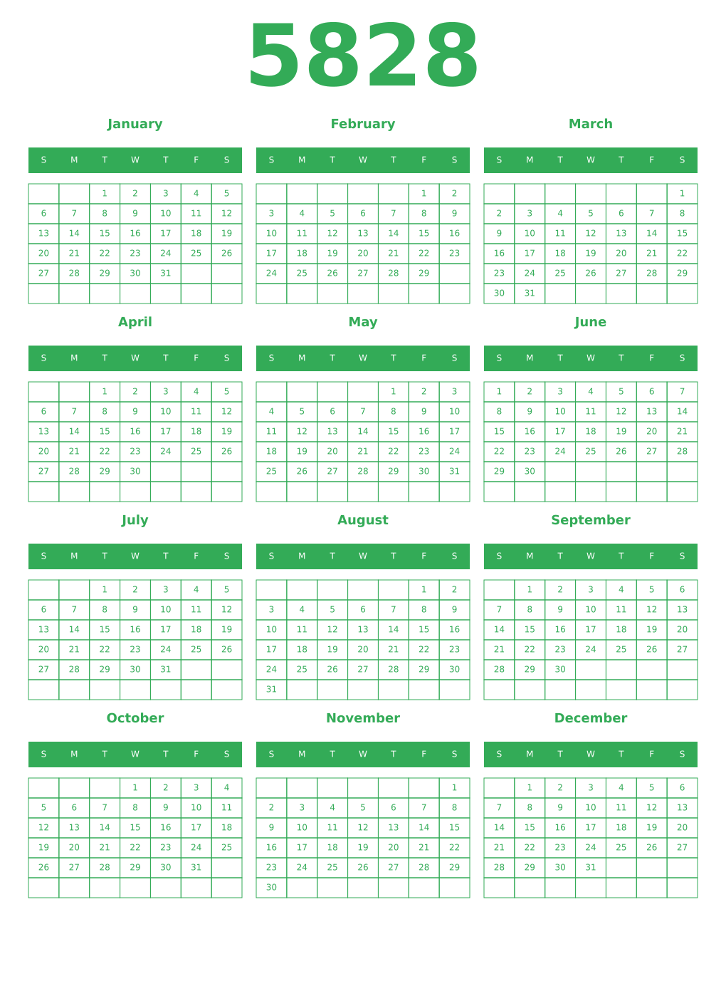 Printable 5828 Year Calendars green