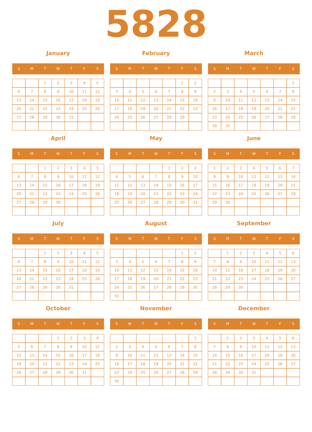 Printable 5828 Year Calendars orange