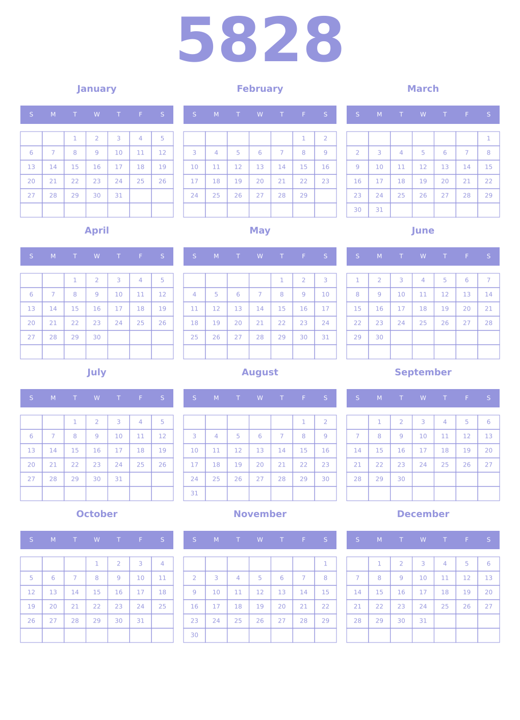 Printable 5828 Year Calendars periwinkle