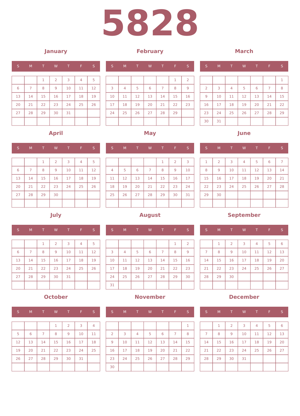 Printable 5828 Year Calendars puce