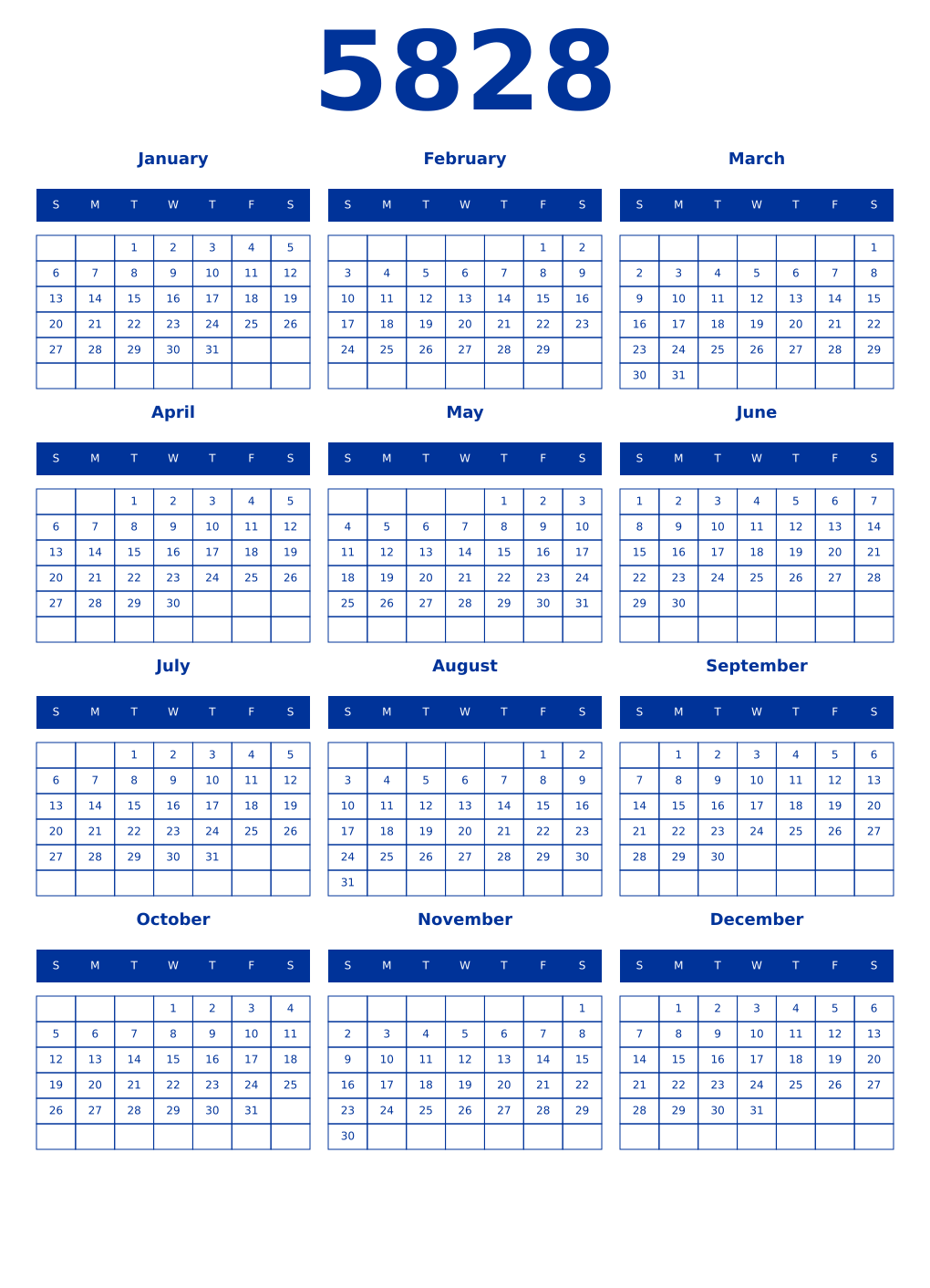 Printable 5828 Year Calendars smalt