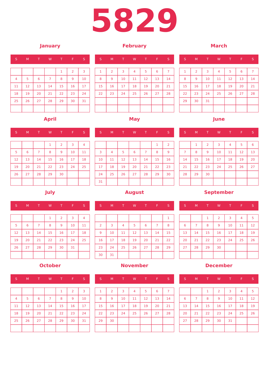 Printable 5829 Year Calendars amaranth