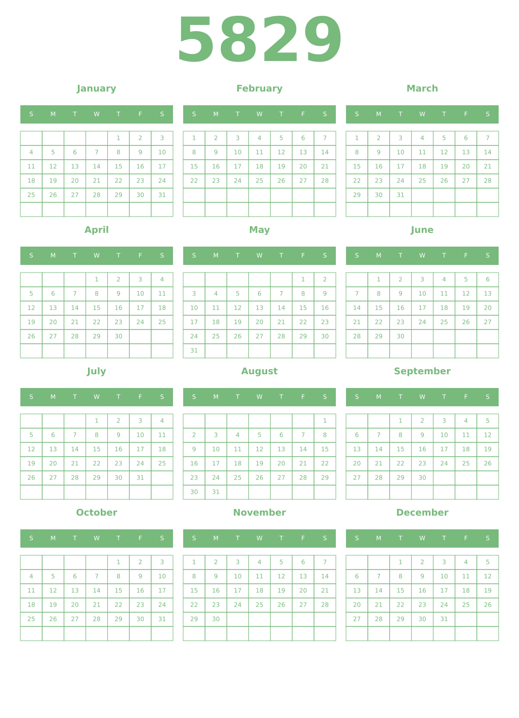 Printable 5829 Year Calendars celadon