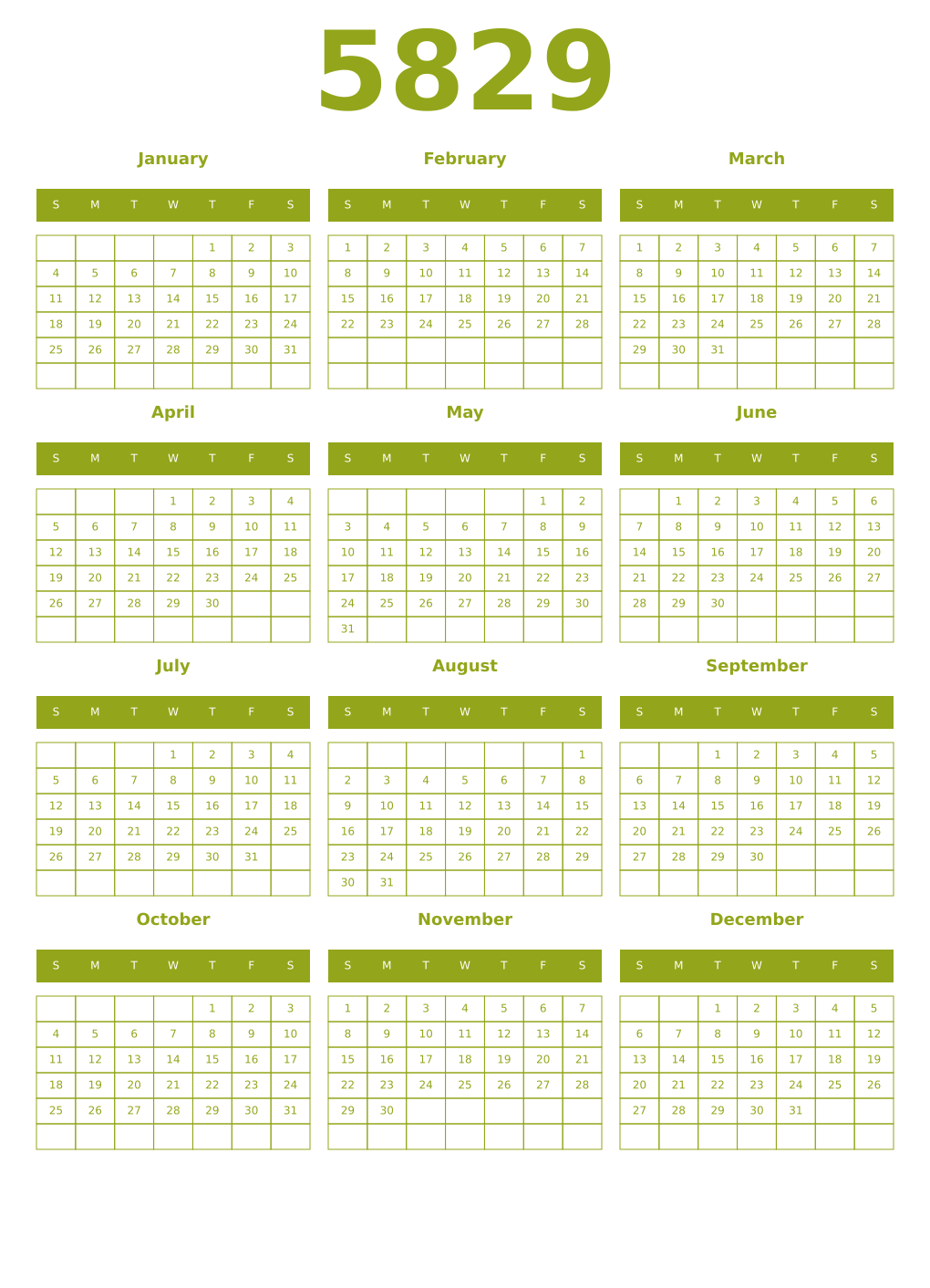 Printable 5829 Year Calendars chartreuse