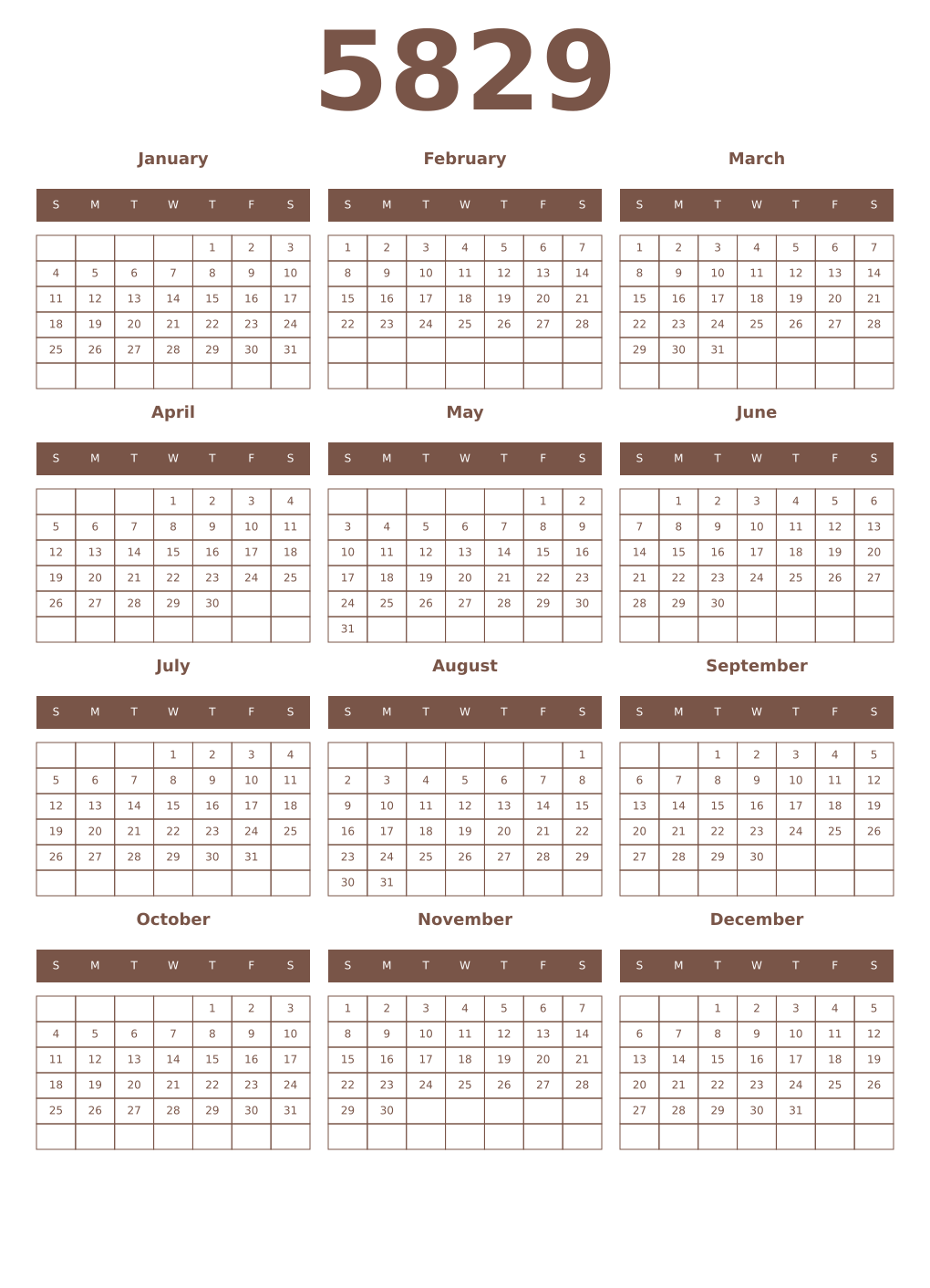 Printable 5829 Year Calendars coffe