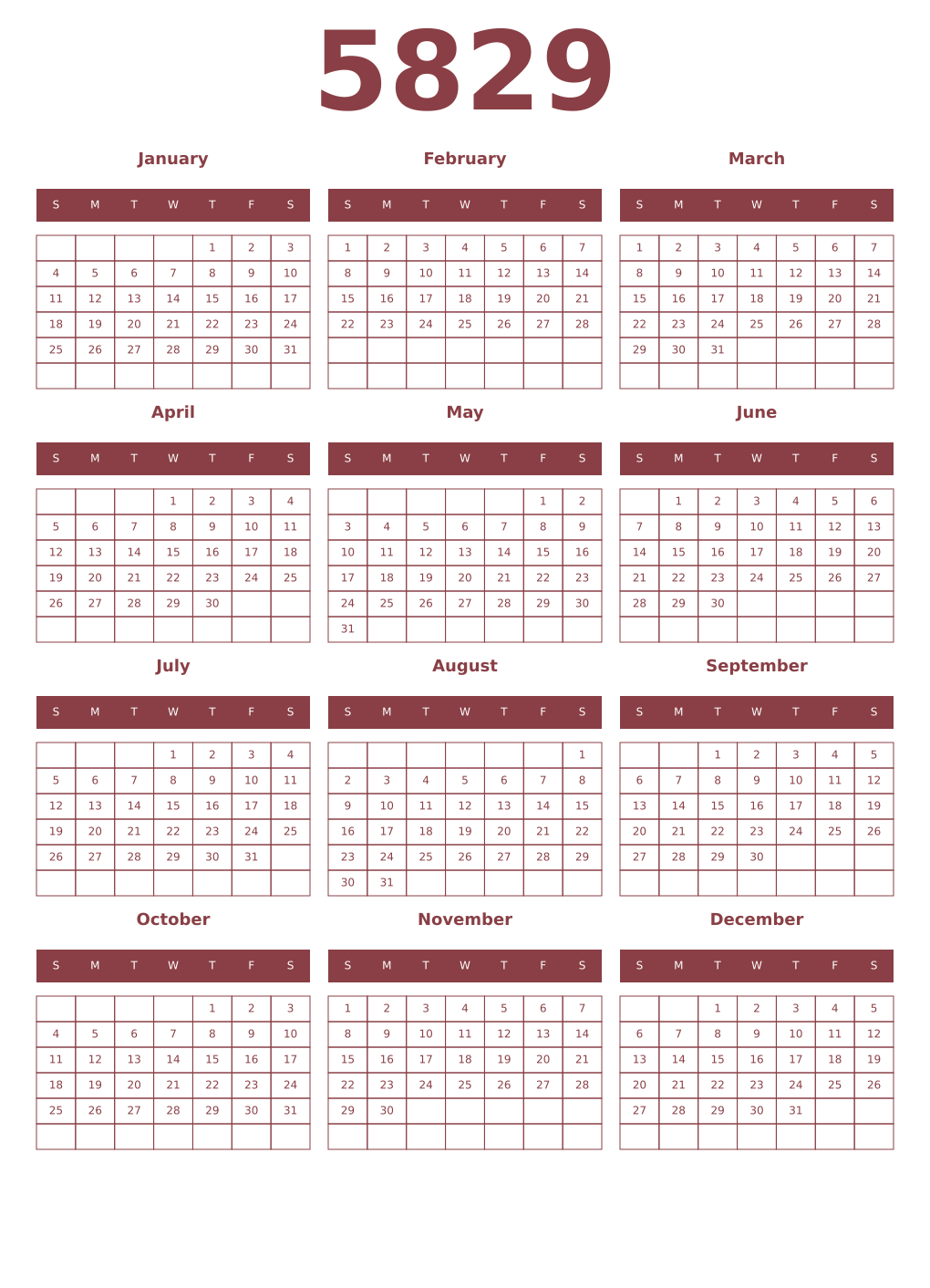 Printable 5829 Year Calendars cordovan