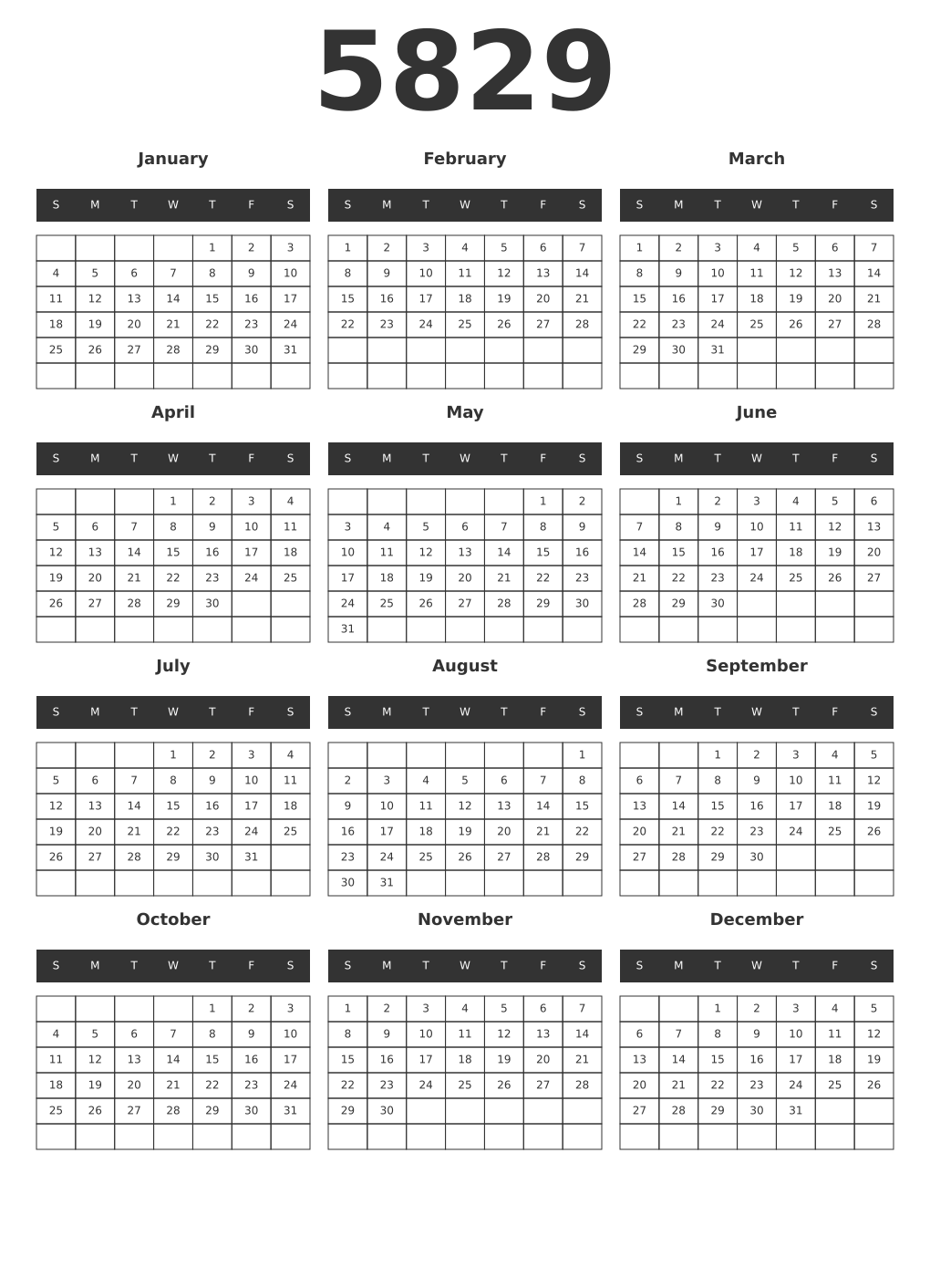 Printable 5829 Year Calendars dark