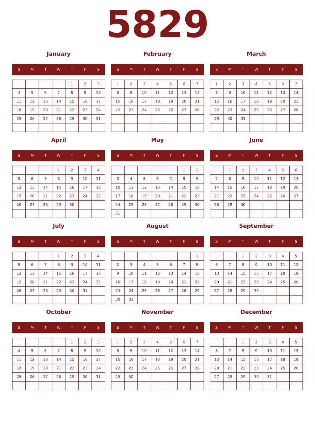 Printable 5829 Year Calendars falu