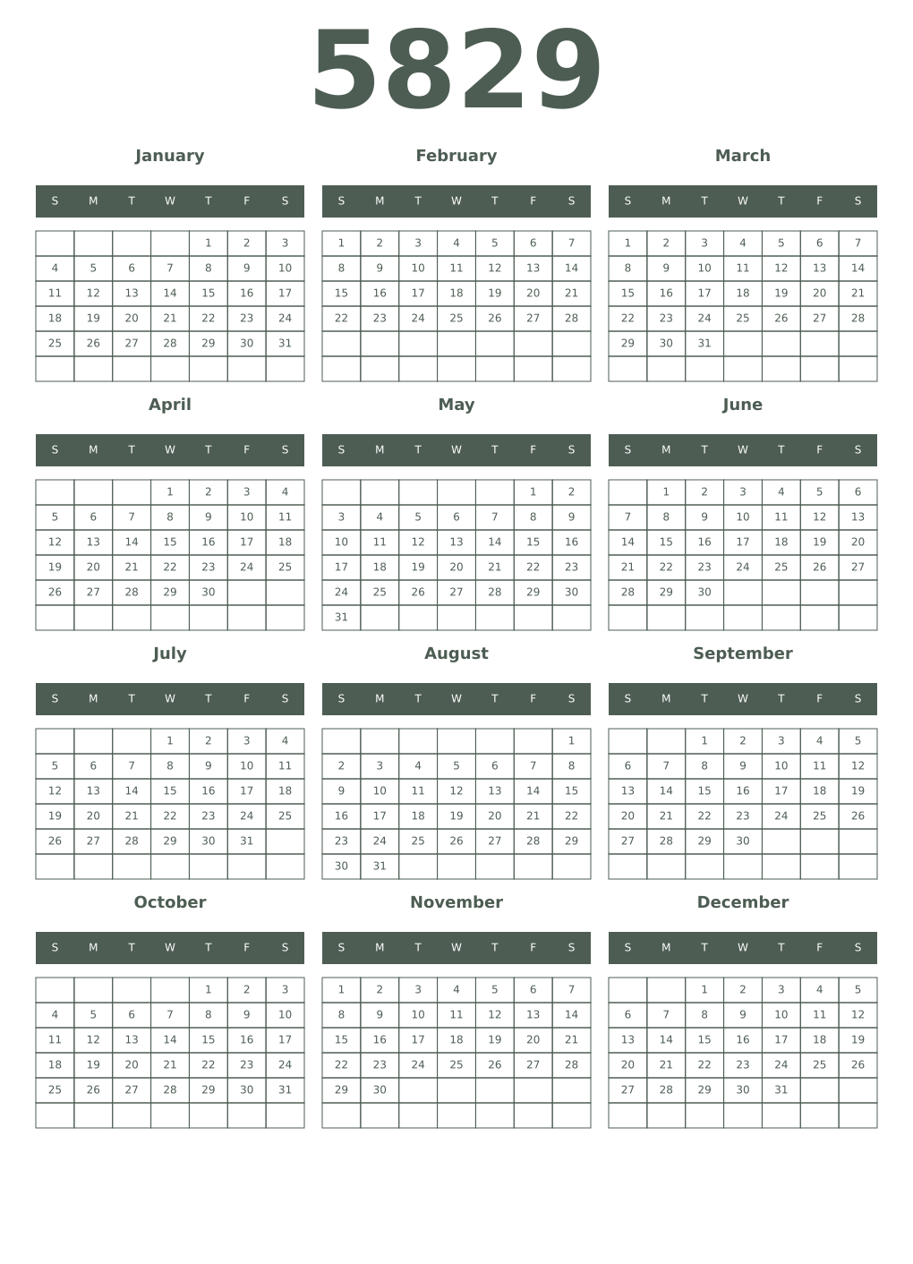 Printable 5829 Year Calendars feldgrau