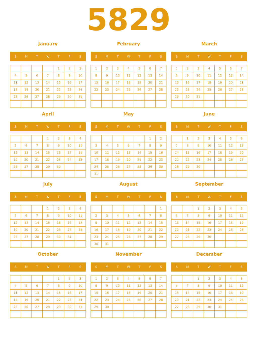 Printable 5829 Year Calendars gamboge