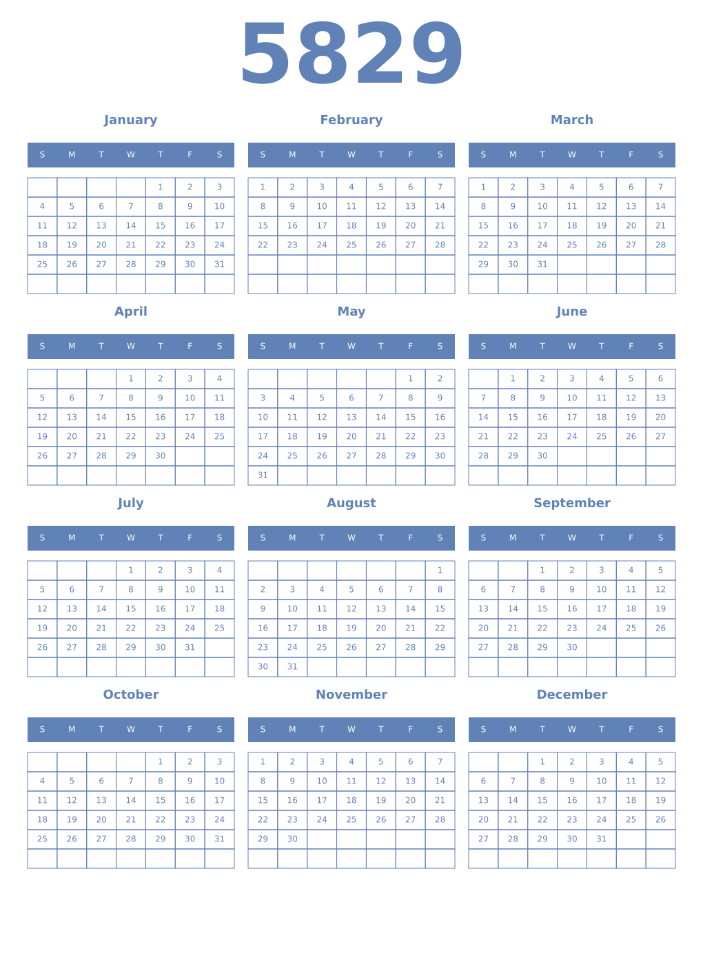 Printable 5829 Year Calendars glaucous