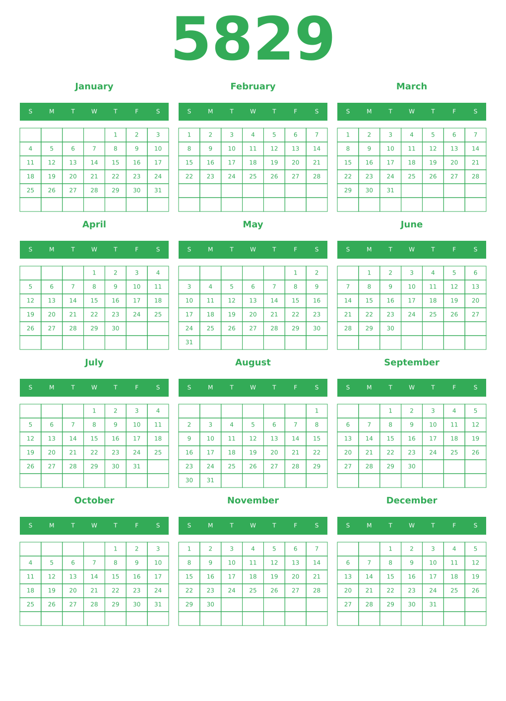 Printable 5829 Year Calendars green