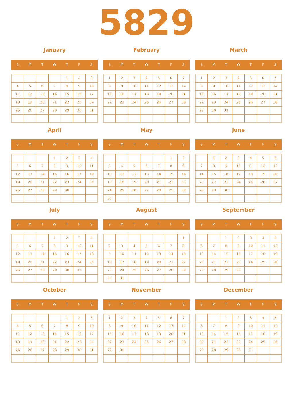 Printable 5829 Year Calendars orange