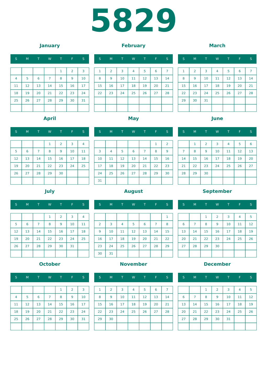Printable 5829 Year Calendars pastel