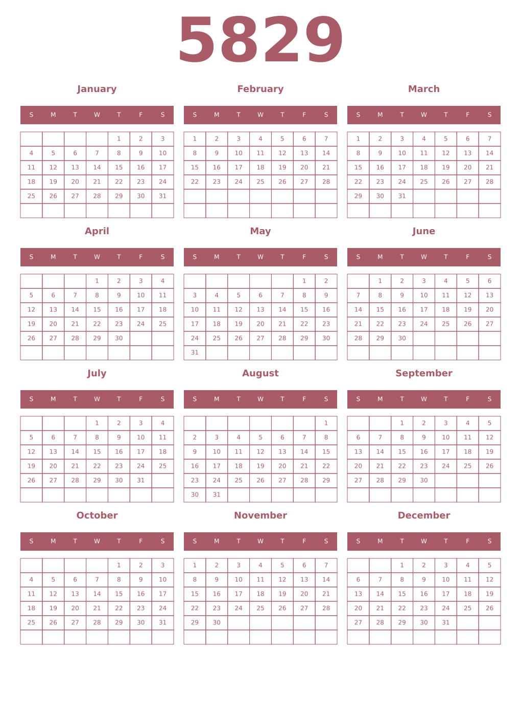 Printable 5829 Year Calendars puce