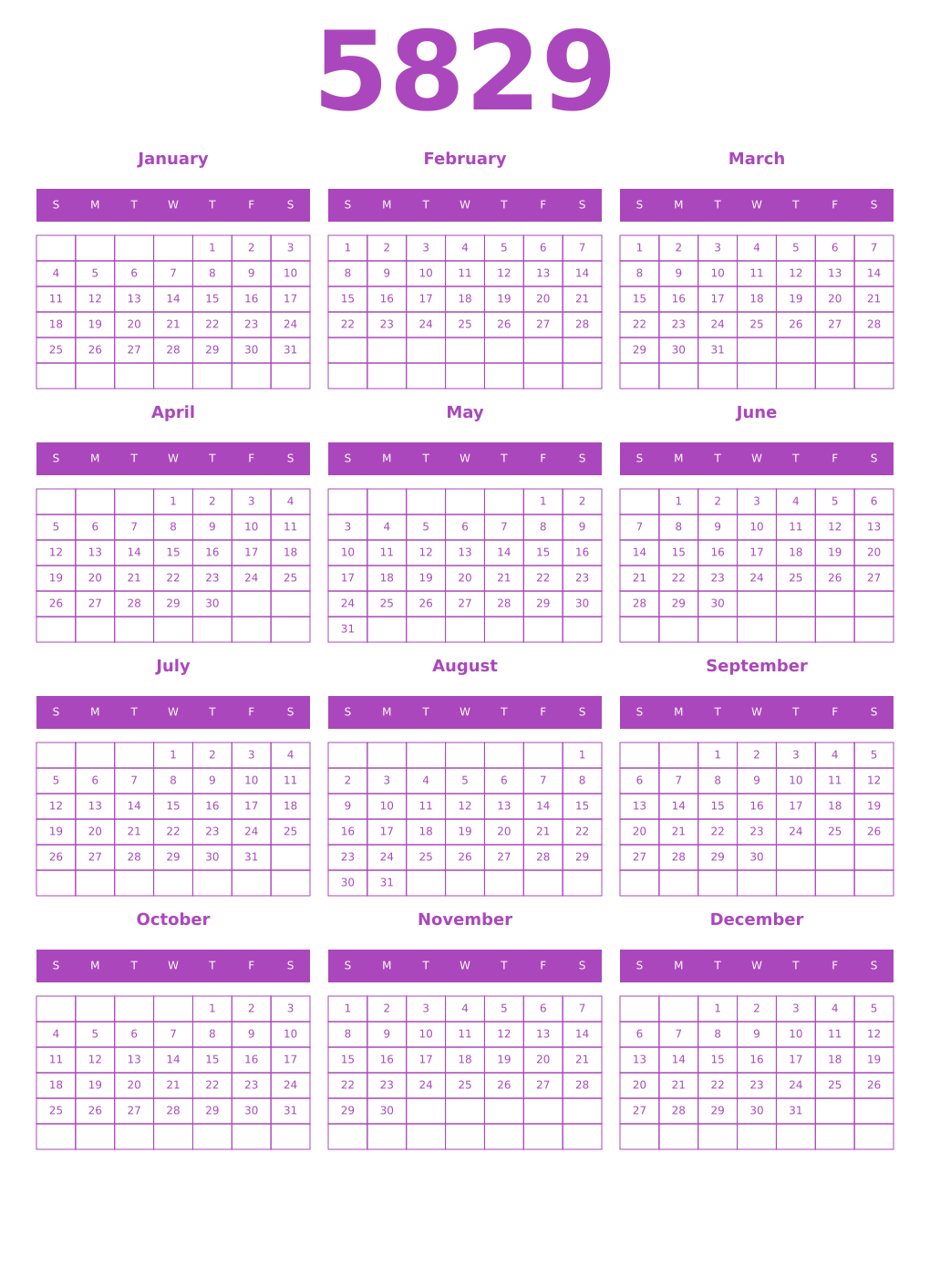 Printable 5829 Year Calendars purple