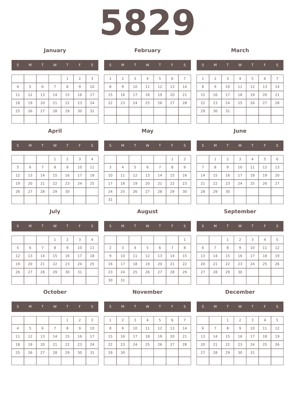 Printable 5829 Year Calendars wenge