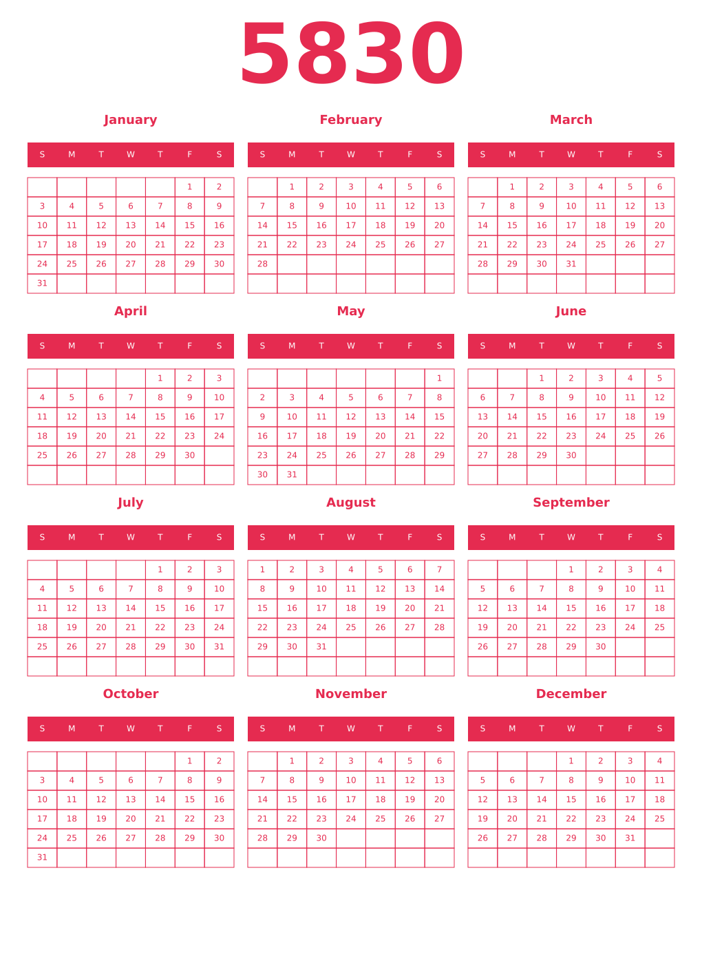Printable 5830 Year Calendars amaranth