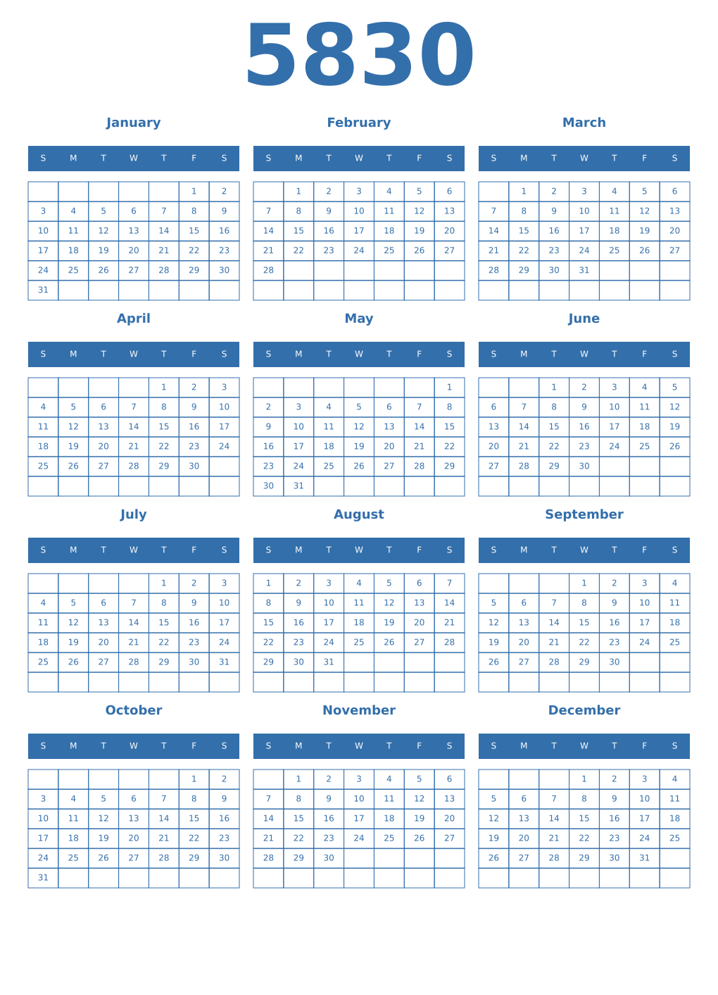 Printable 5830 Year Calendars blue
