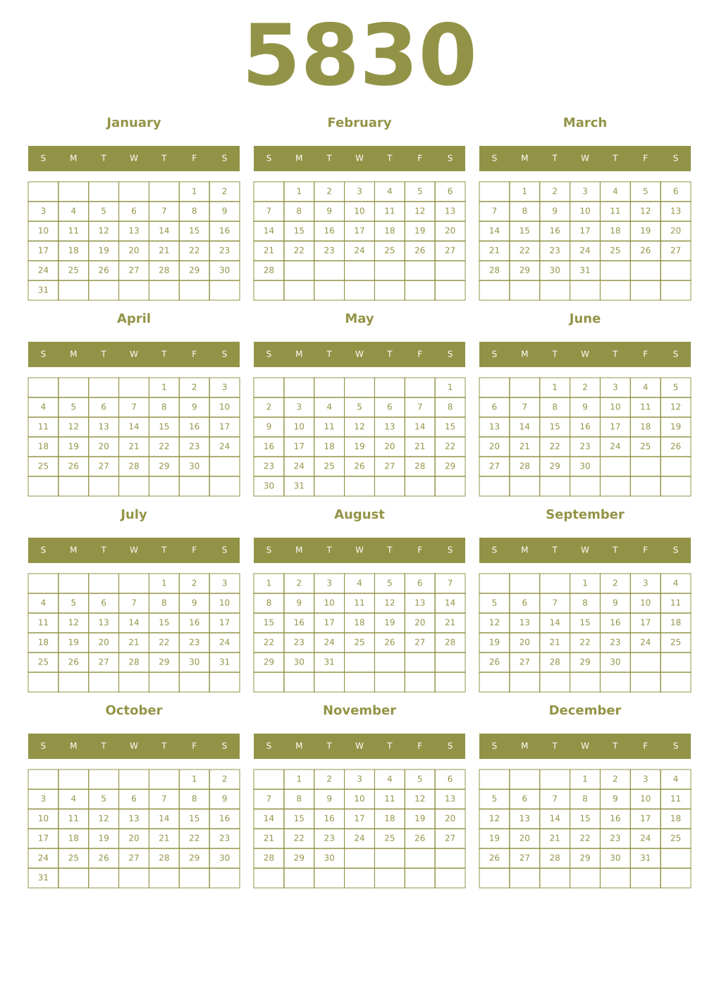 Printable 5830 Year Calendars eburnean