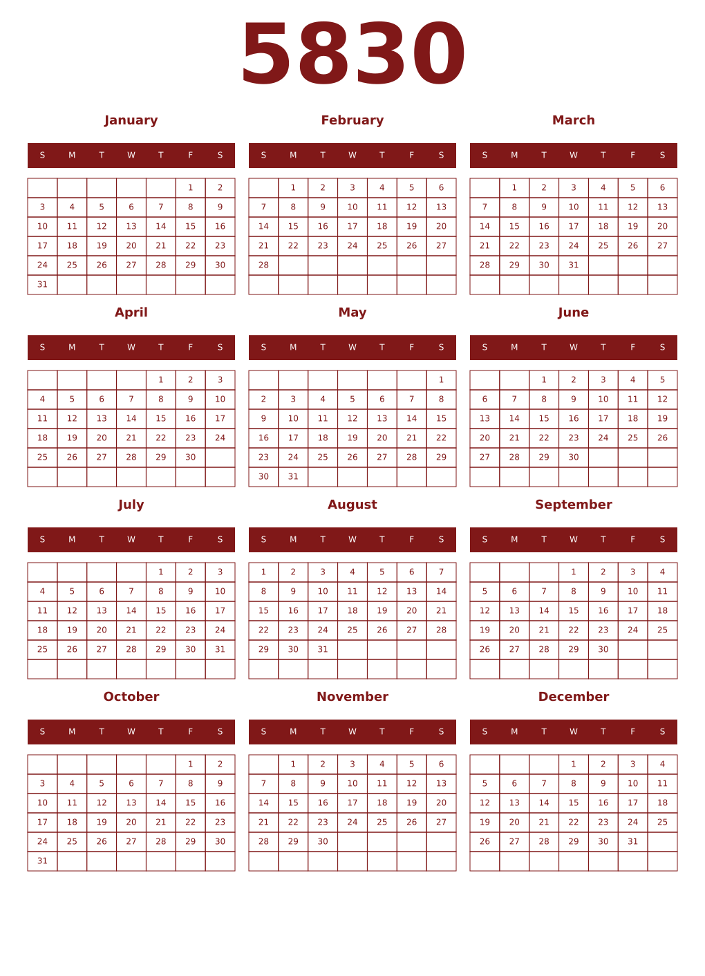 Printable 5830 Year Calendars falu