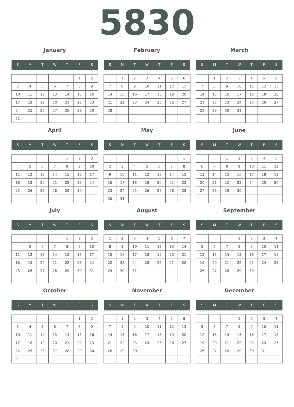 Printable 5830 Year Calendars feldgrau