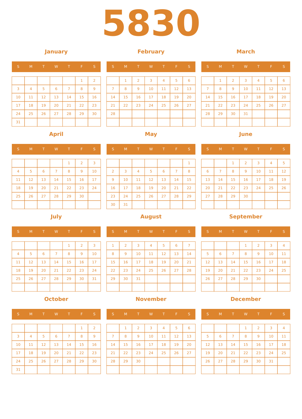 Printable 5830 Year Calendars orange