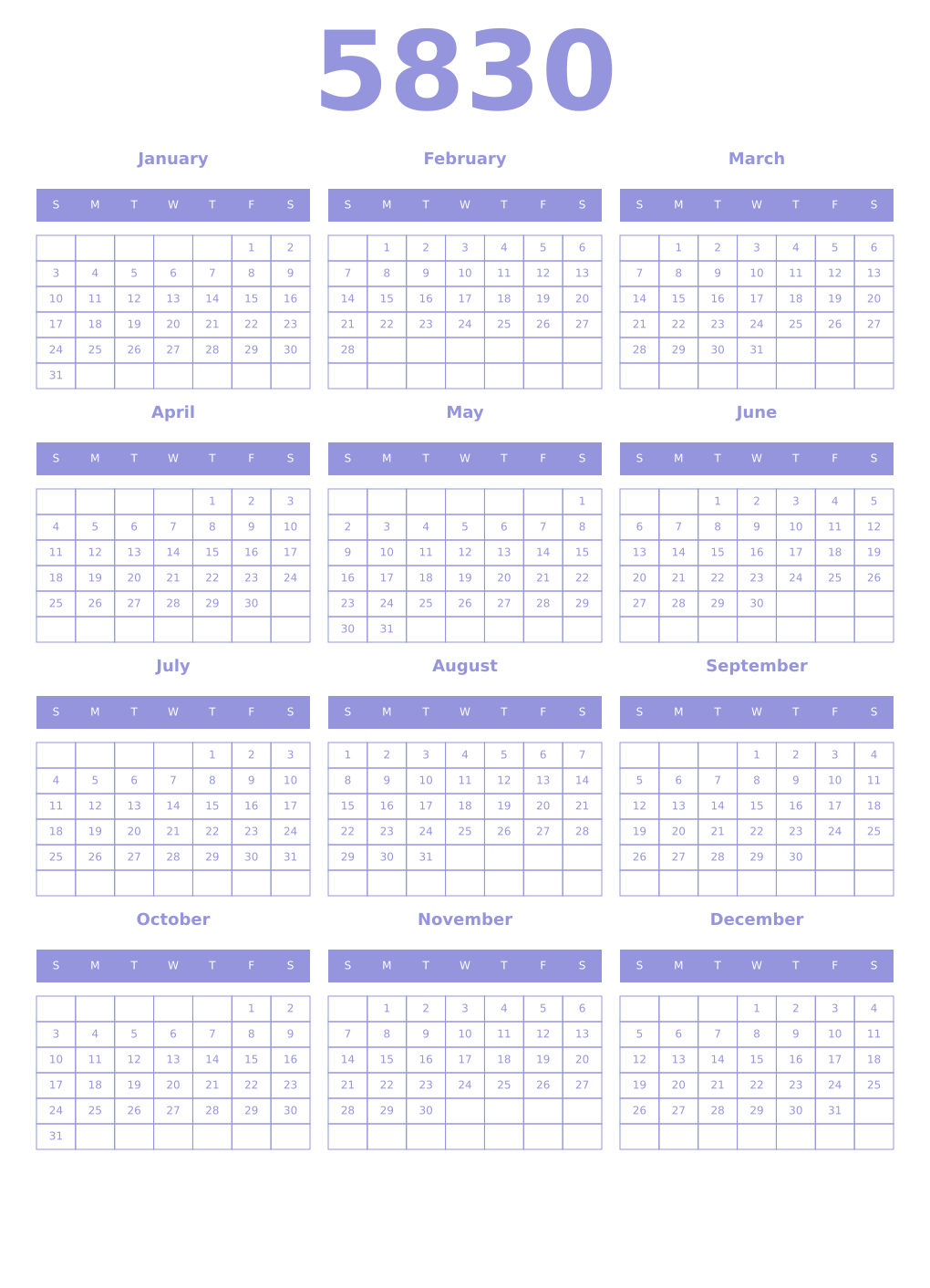 Printable 5830 Year Calendars periwinkle