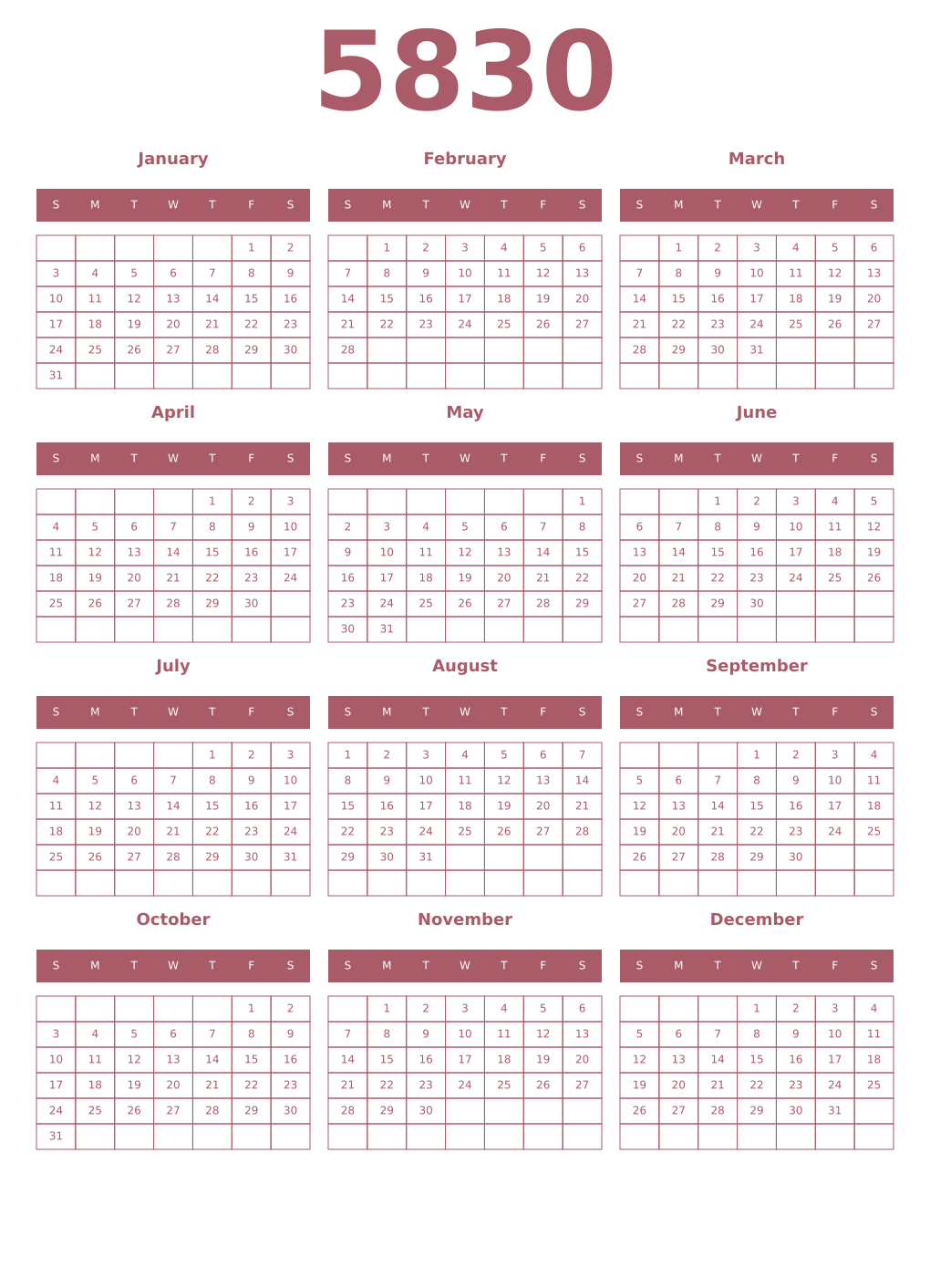 Printable 5830 Year Calendars puce