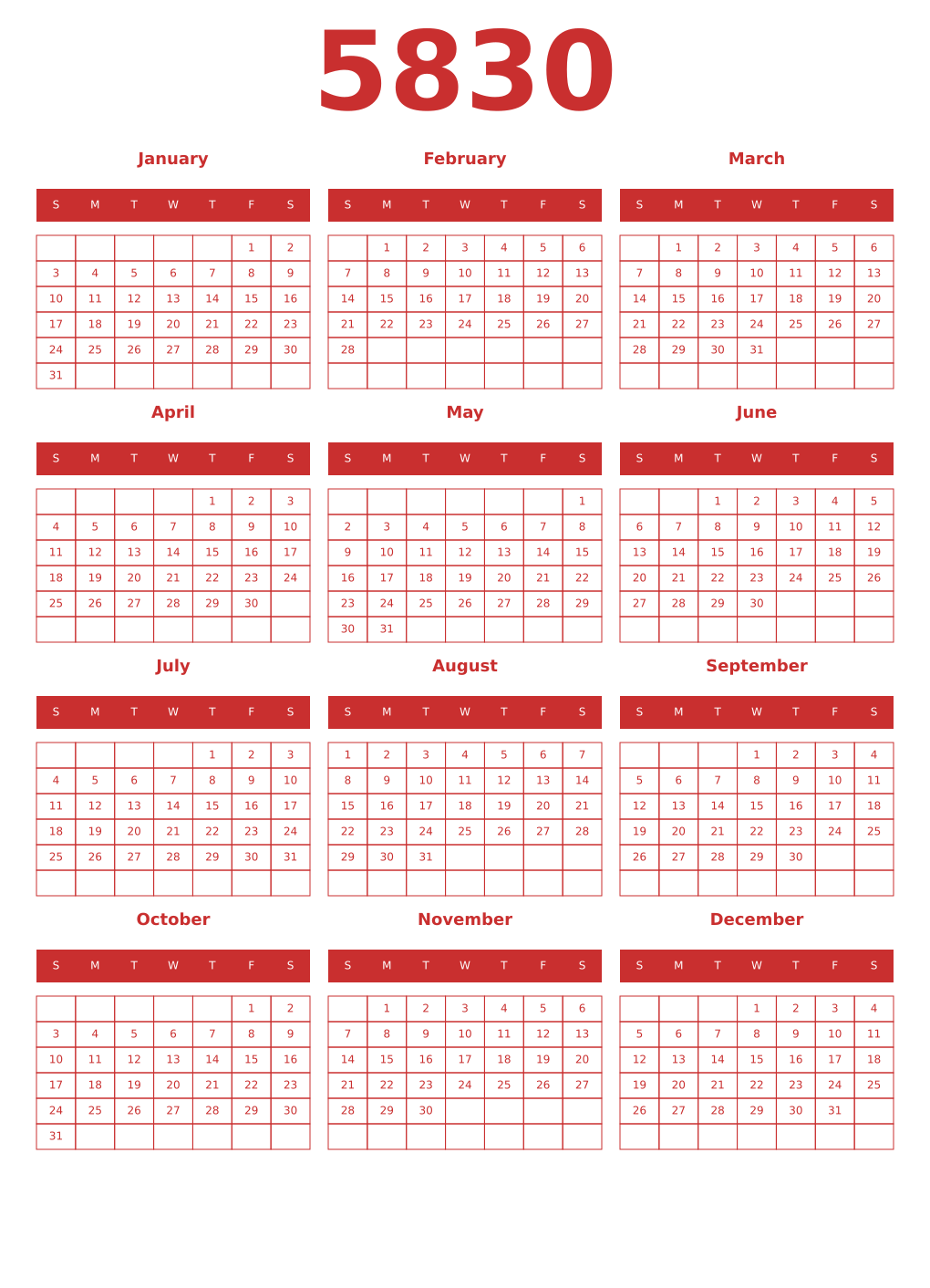 Printable 5830 Year Calendars red