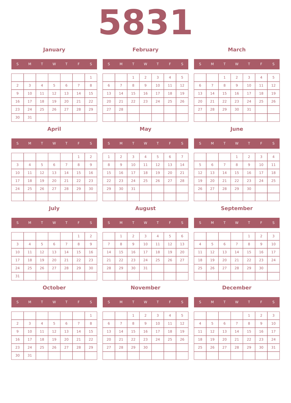 Printable 5831 Year Calendars puce