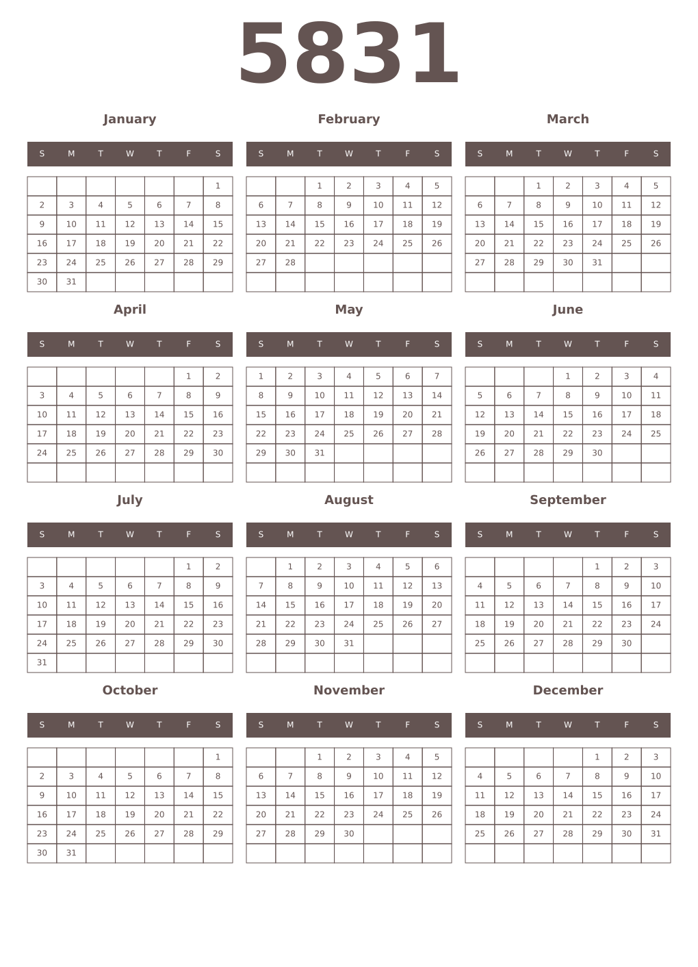 Printable 5831 Year Calendars wenge