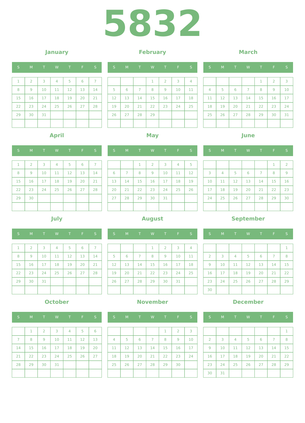 Printable 5832 Year Calendars celadon