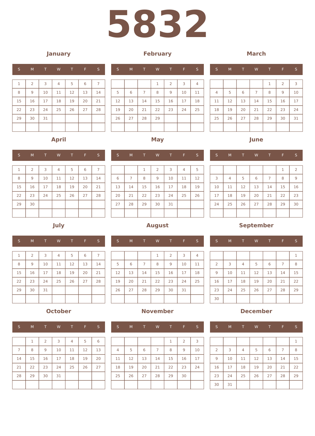 Printable 5832 Year Calendars coffe