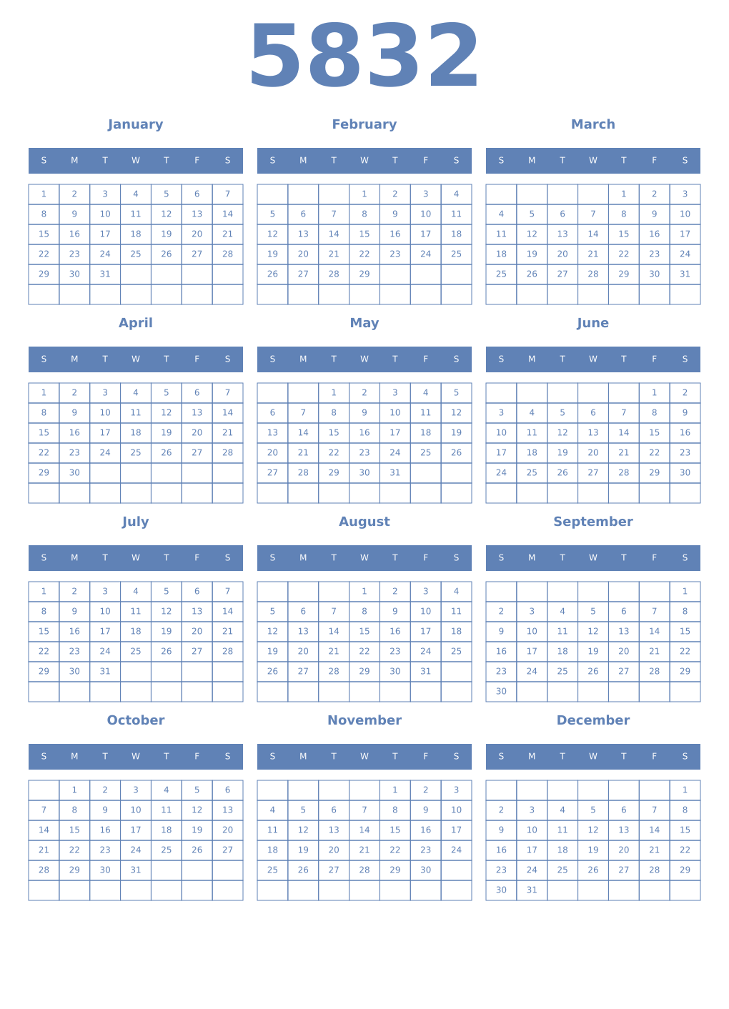 Printable 5832 Year Calendars glaucous