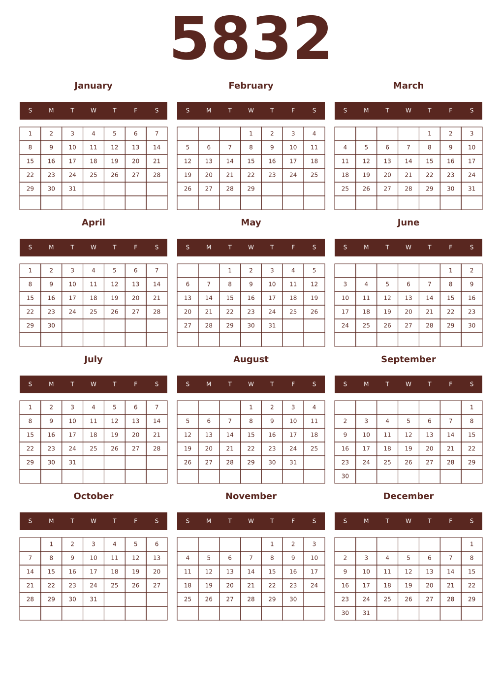 Printable 5832 Year Calendars mortuum