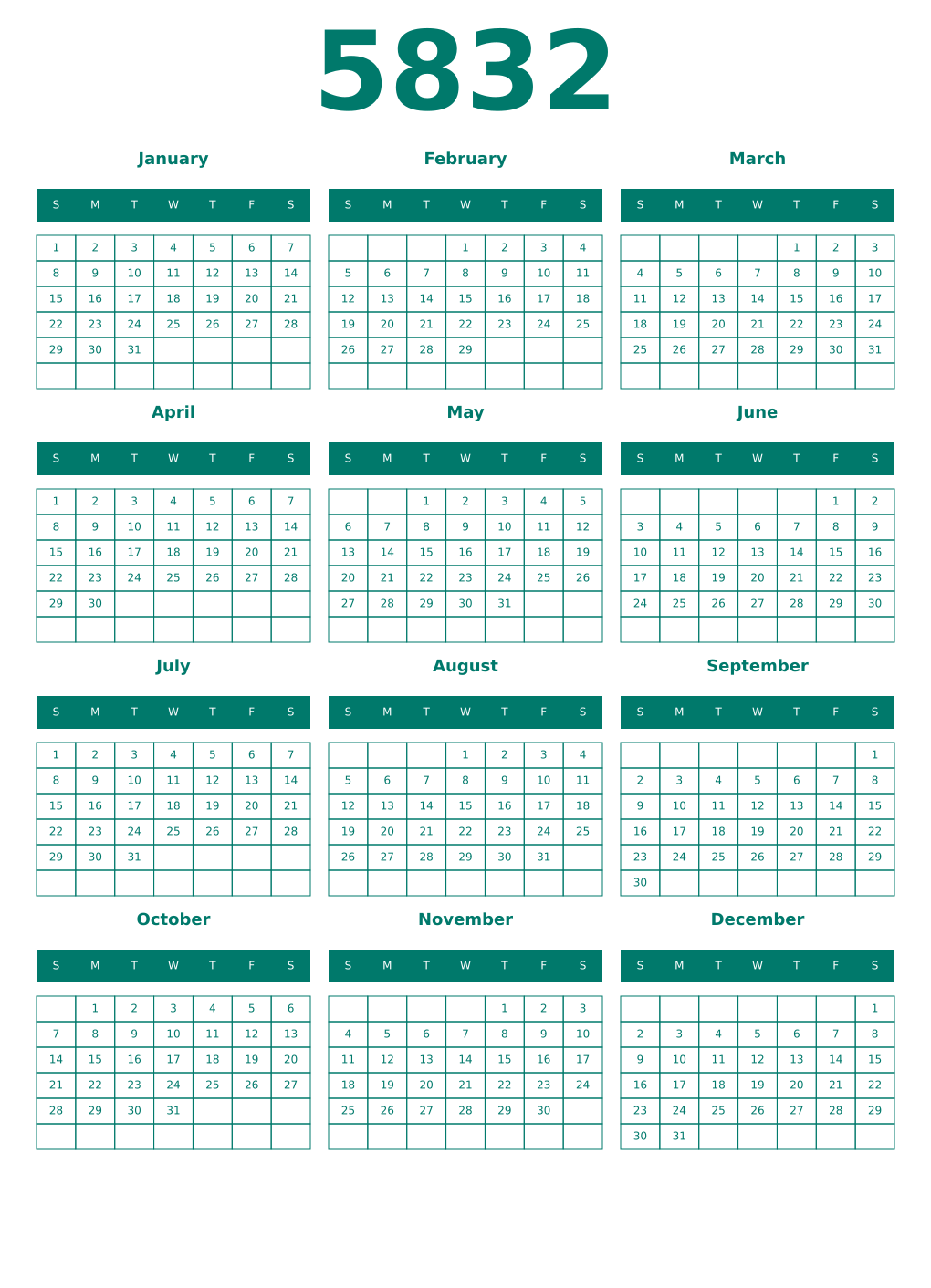Printable 5832 Year Calendars pastel