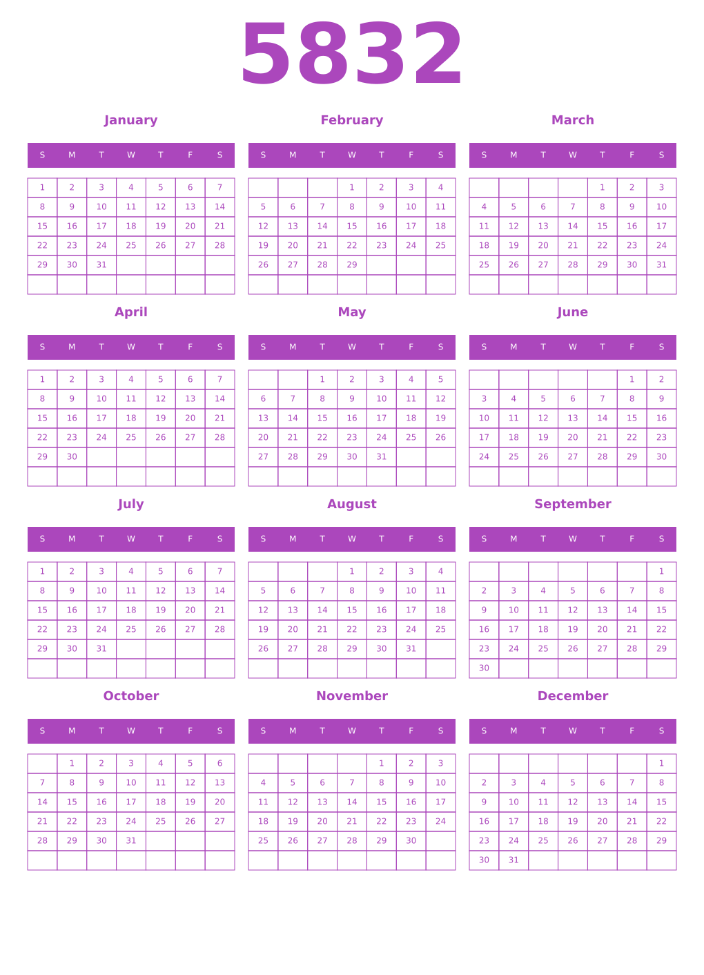 Printable 5832 Year Calendars purple