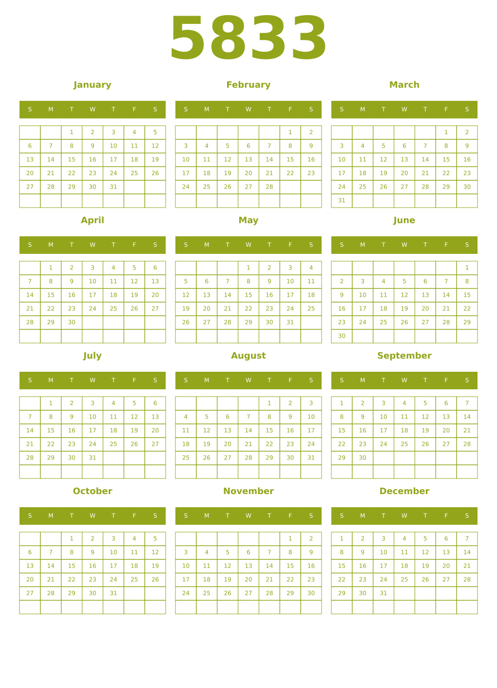 Printable 5833 Year Calendars chartreuse