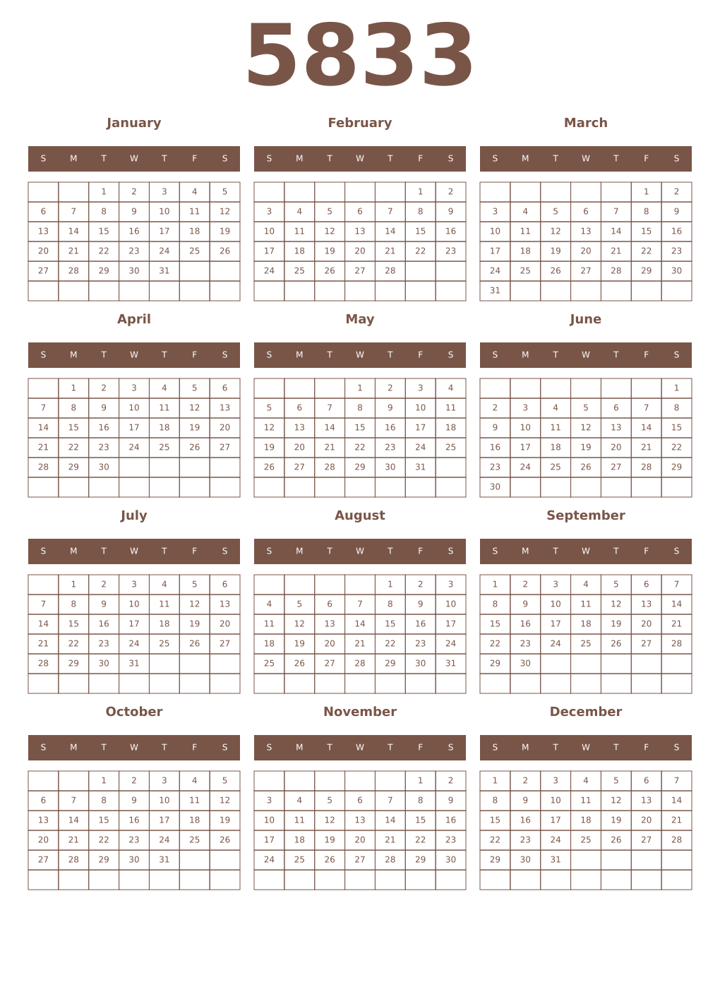 Printable 5833 Year Calendars coffe