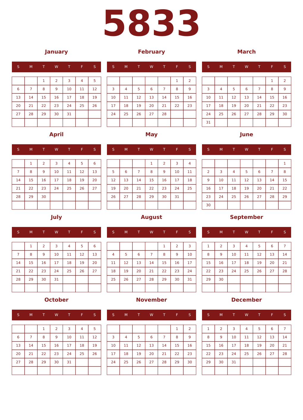 Printable 5833 Year Calendars falu