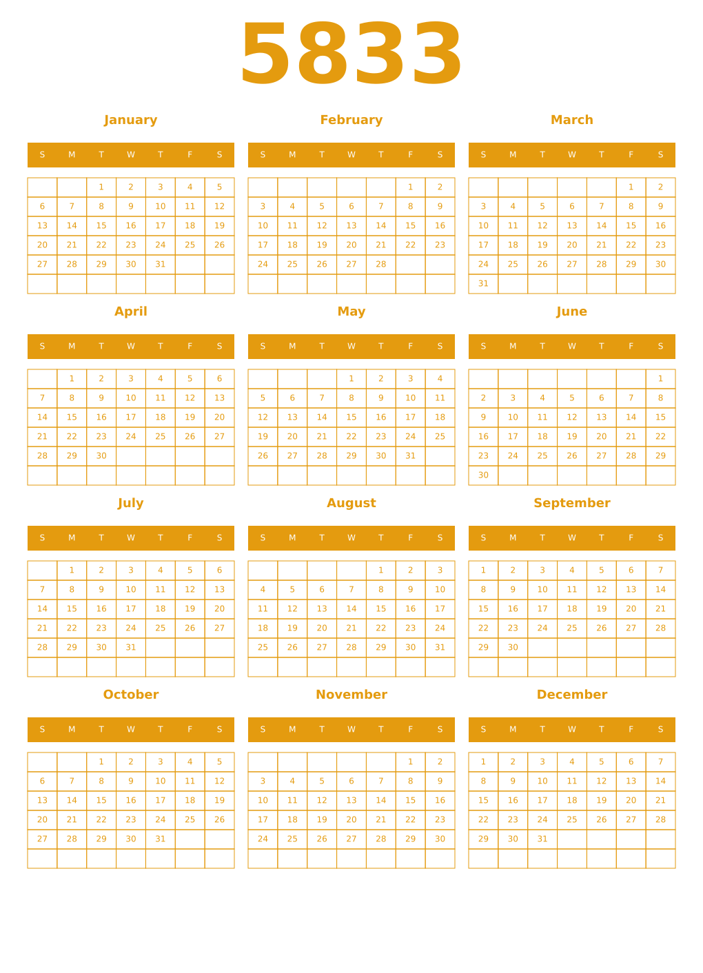 Printable 5833 Year Calendars gamboge
