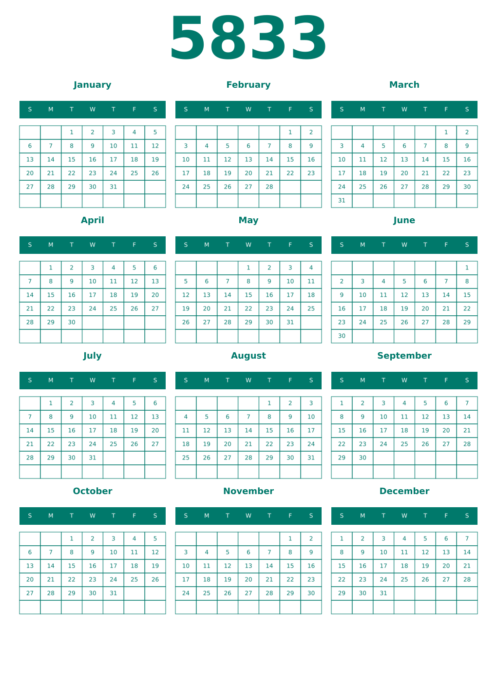 Printable 5833 Year Calendars pastel