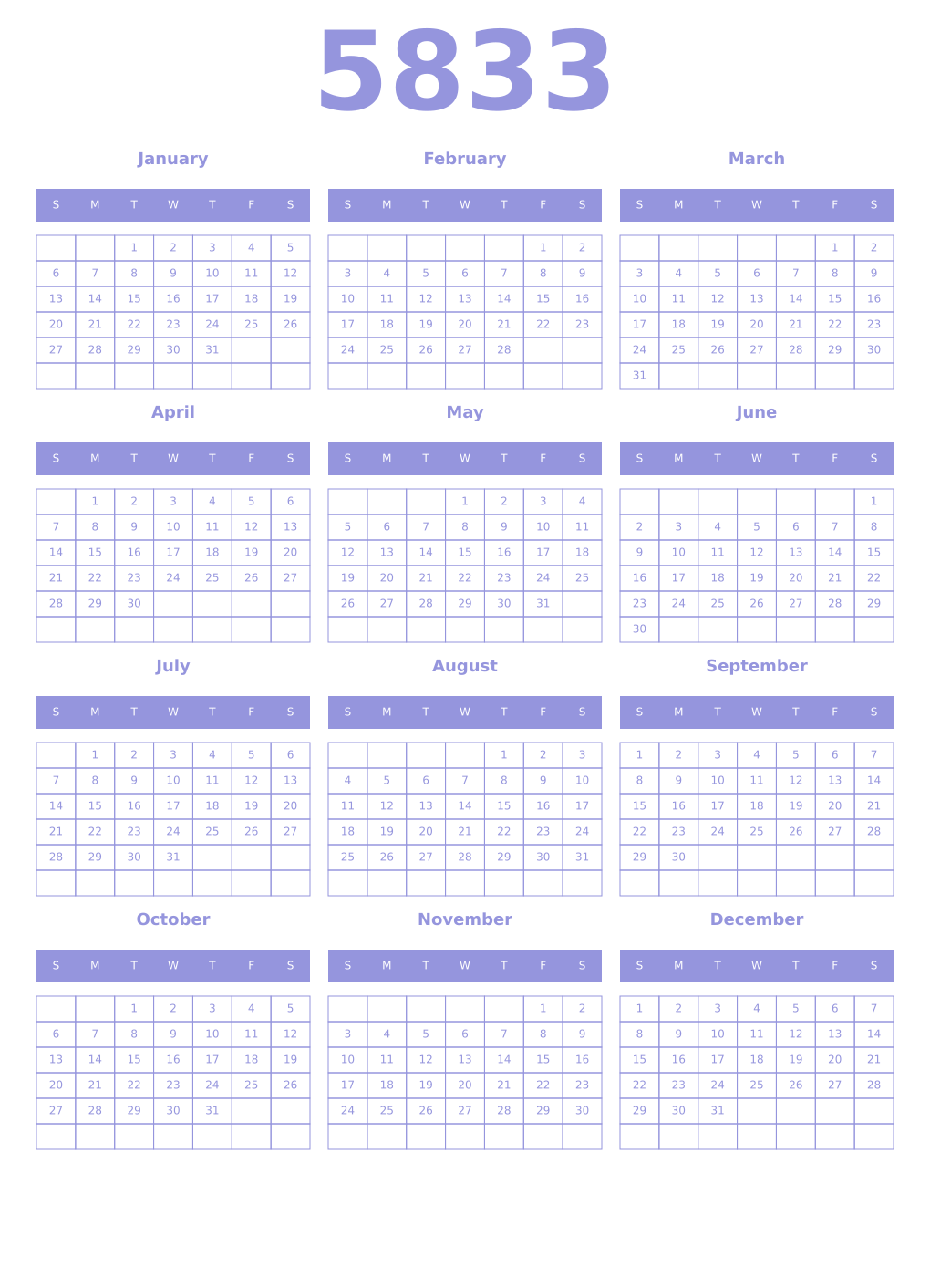Printable 5833 Year Calendars periwinkle
